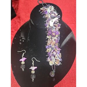 Handmade Beaded Mother Of Pearl Bracelet And Fetish Bird Earrings